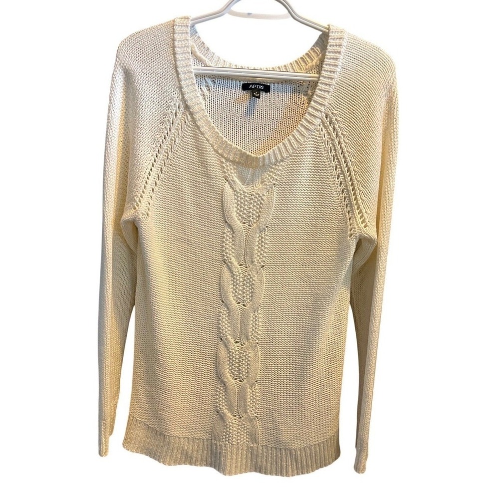Apt 9 Womens Ivory Cable Knit V-Neck Sweater Chunky Pointelle Pullover Size L